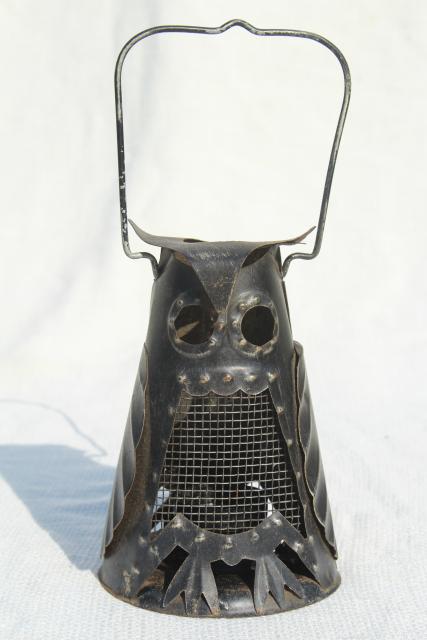 vintage tin metal owl lantern, rustic candle holder light for fall harvest decoration