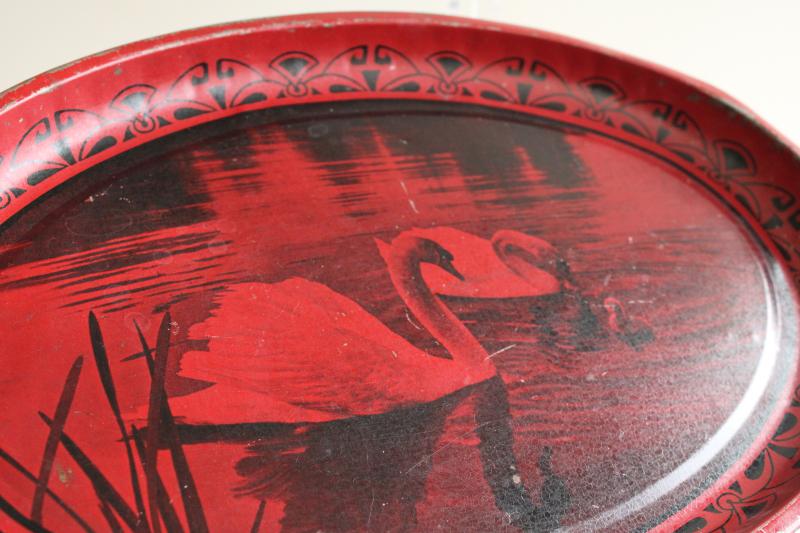 vintage tin metal tray, black & red photo print, family of swans w/ baby swan