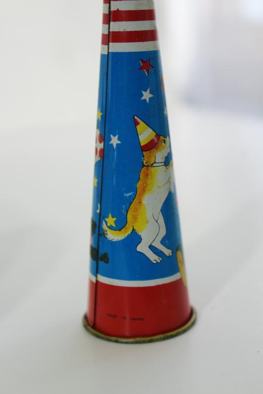 vintage tin noisemakers - New Year or party rattles, bells, horn, clapper tambourin