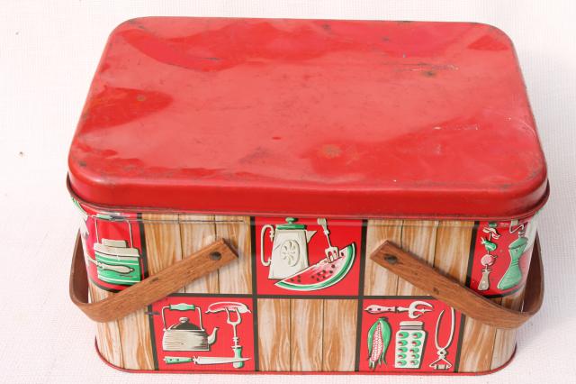 vintage tin picnic basket hamper w/ wood handles, Decoware kitchen ware litho print