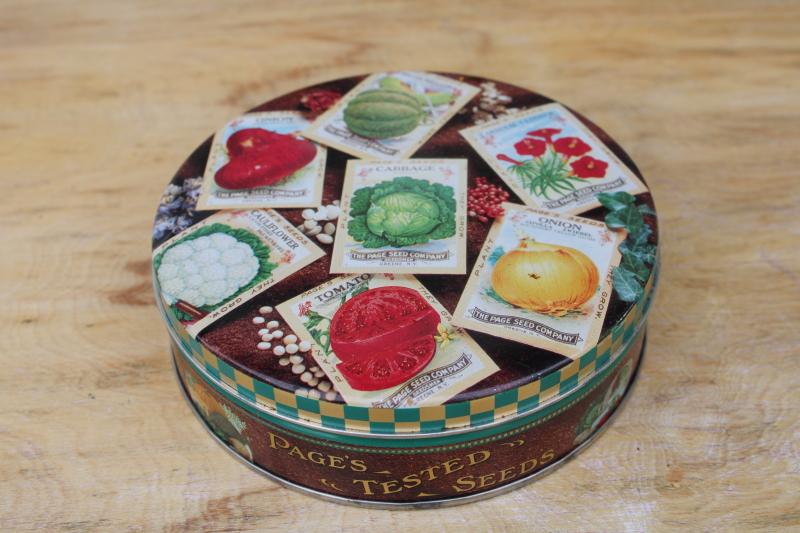 vintage tin w/ reproduction antique seed packets artwork print, seed storage box