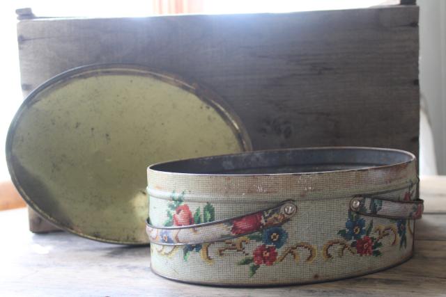 vintage tin sewing box, floral needlepoint print oval metal picnic basket w/ handles
