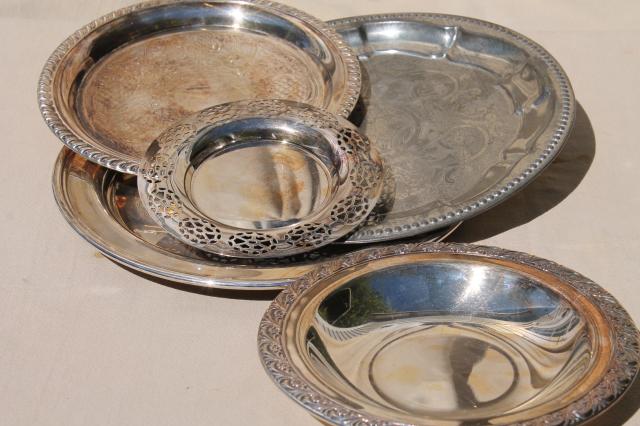 vintage tin tray, silver plated trays, collection of small serving trays, candle trays etc.