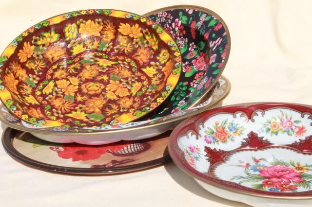 vintage tin trays & bowls, floral litho print metal toleware Daher, Nevco