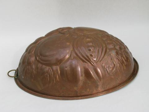 vintage tinned copper fruit pattern pudding mold, old kitchenware
