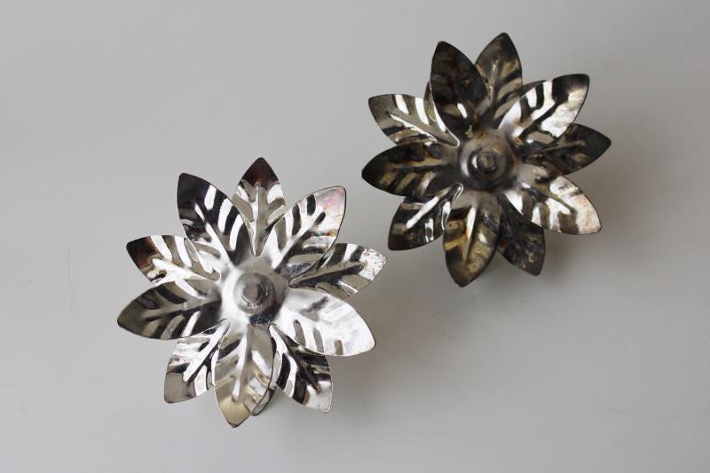 vintage tinned steel candle holders, shiny silvery tin flowers for little candles