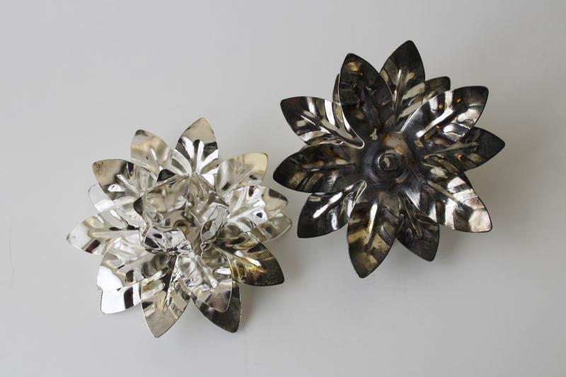 vintage tinned steel candle holders, shiny silvery tin flowers for little candles