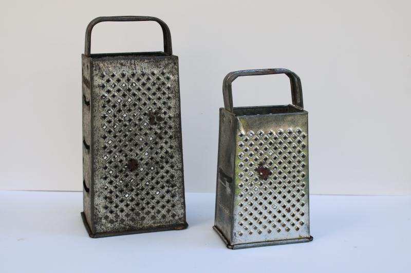 vintage tinned steel graters large & small, primitive kitchen decor or luminaries