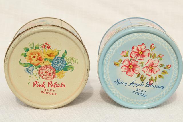 vintage tins from bath powder, pretty flowered vanity boxes from perfume dusting powder