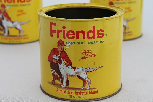 vintage tobacco tins, Friends sporting man w/ hunting dog, rustic cabin style 