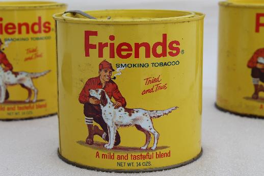 vintage tobacco tins, Friends sporting man w/ hunting dog, rustic cabin style
