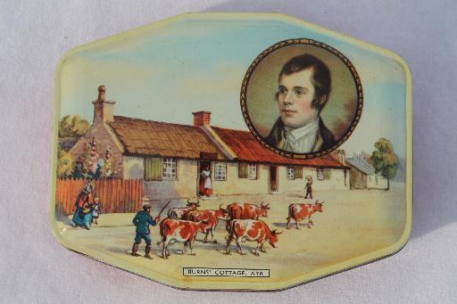 vintage toffee tin w/ scene of Robert Burns cottage, litho print tin from English sweets