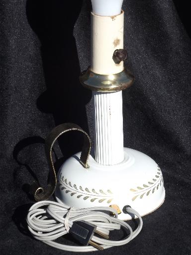 vintage tole candlestick lamp w/ metal shade, cottage white and gold