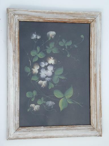 vintage tole floral painted tin picture, shabby old white paint wood frame