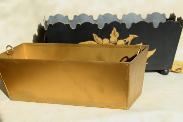 vintage tole metal flower planter box, painted black w/ gold original Georgian label