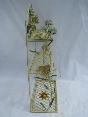vintage tole metal flowers, shabby cottage chic style whatnot wall shelf