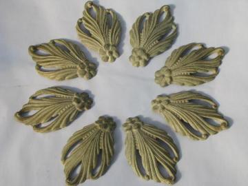 vintage tole metal ornate feather curtain drapery tie-backs, original paint