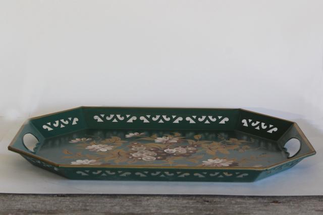 vintage tole metal tray, Pilgrim Art tray hand painted gold & ivory on pine green