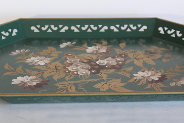 vintage tole metal tray, Pilgrim Art tray hand painted gold & ivory on pine green