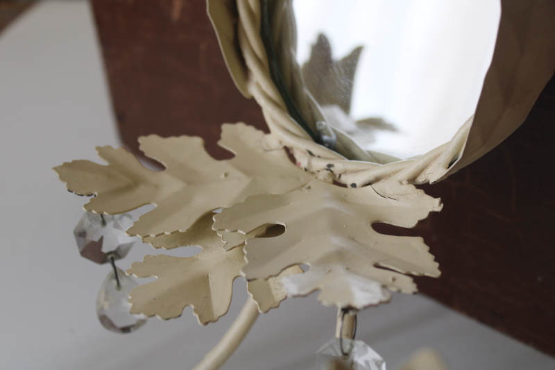 vintage tole metal wall sconce candle holder w/ framed mirror, glass