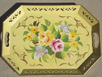 vintage tole tray, flowers on gold hand-painted Pilgrim Art metal tray