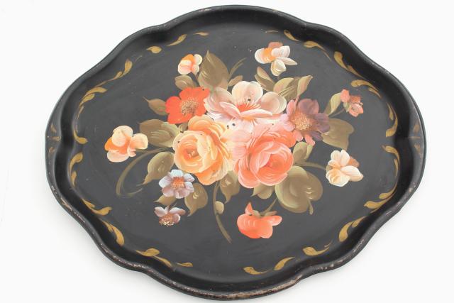 vintage tole tray, hand painted flowers coral pink on black, antique toleware serving tray