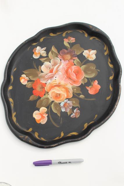 vintage tole tray, hand painted flowers coral pink on black, antique toleware serving tray