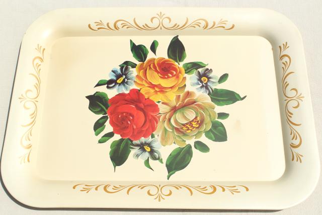 vintage tole trays w/ flowers on creamy ivory, shabby cottage chic tray set