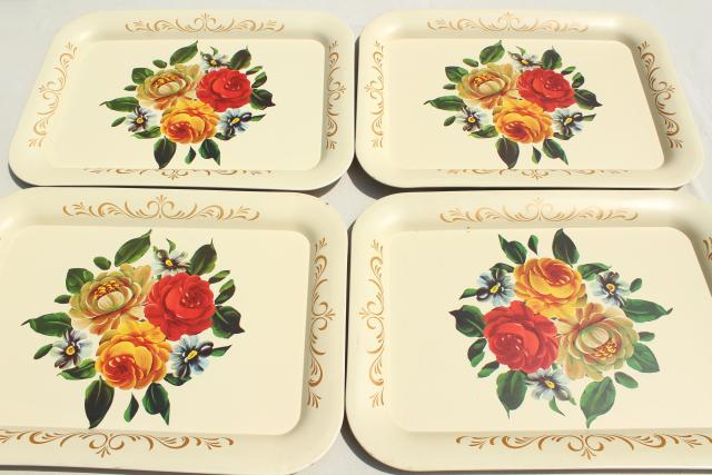 vintage tole trays w/ flowers on creamy ivory, shabby cottage chic tray set