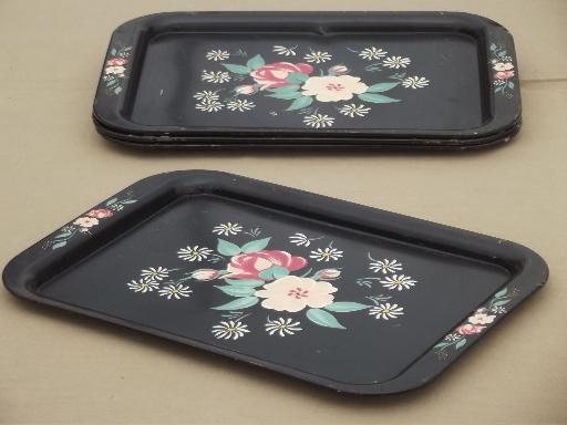 vintage tole trays, shabby  tray set w/ hand-painted flowers on black