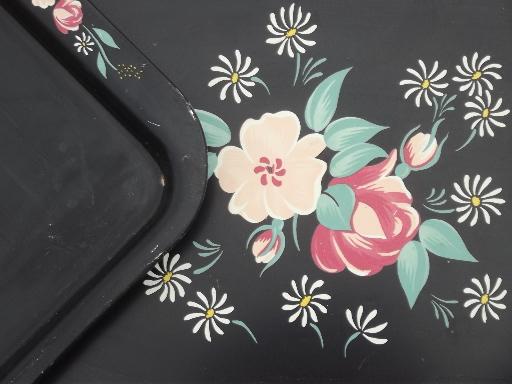 vintage tole trays, shabby  tray set w/ hand-painted flowers on black