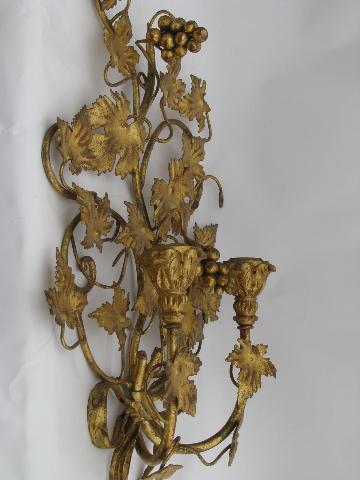 vintage tole wall sconces, antique gold w/ gilt wood candle holders