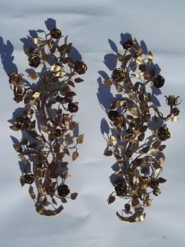 vintage tole wall sconces for candles, old gold roses metal candle holders