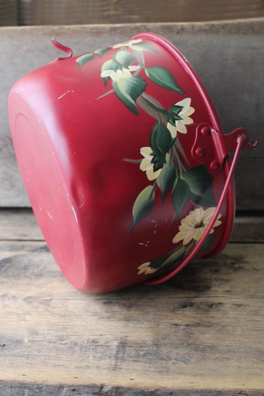 vintage tole ware hand painted metal pail, large bucket for planter or Christmas tree