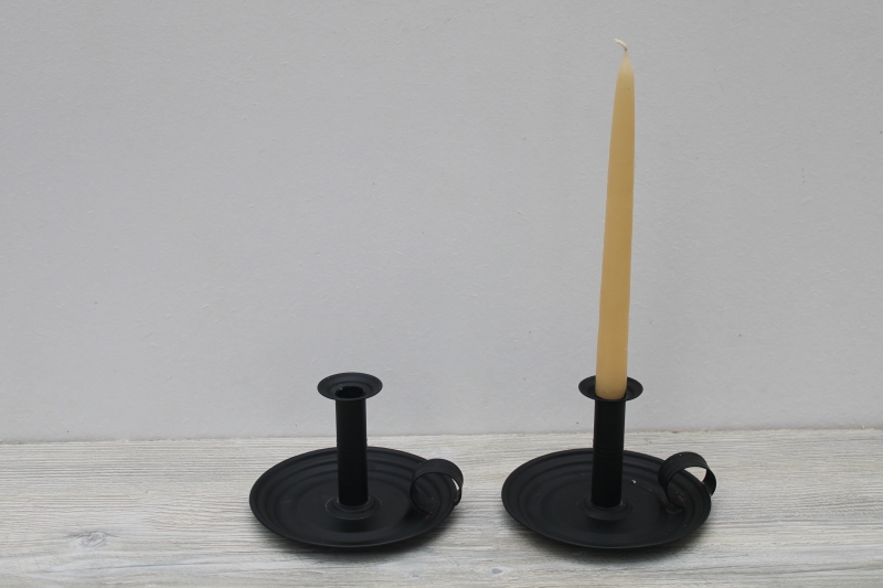 vintage toleware, colonial style tin candlesticks pair black metal candle holders
