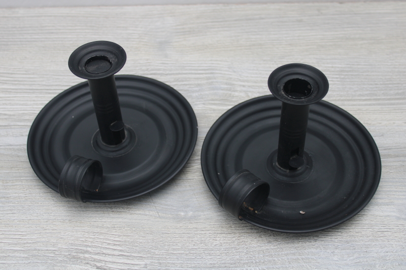 vintage toleware, colonial style tin candlesticks pair black metal candle holders