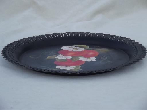 vintage toleware tray, hand-painted apples tole metal tray w/ pierced edge
