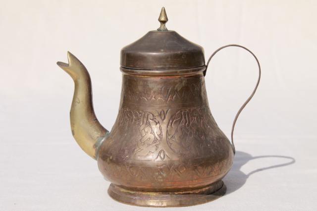 vintage tooled brass coffee pot or tea pot, Turkish teapot? 