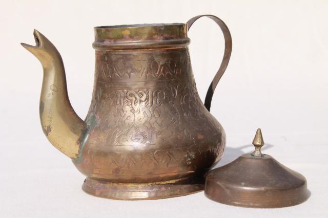 vintage tooled brass coffee pot or tea pot, Turkish teapot? 
