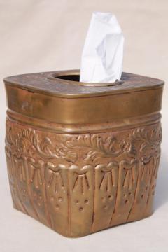 vintage tooled brass tissue box cover, hand wrought metal w/ tarnished patina