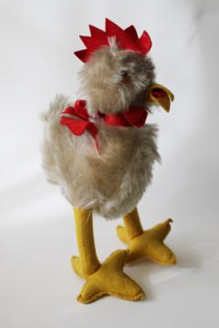vintage toy chicken wool mohair rooster w/ felt legs, no Steiff label, Germany?