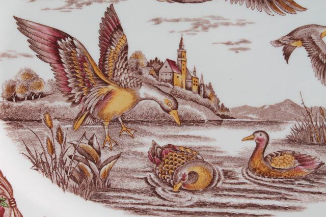 vintage transferware china Thanksgiving Christmas duck platter, flying ducks game birds