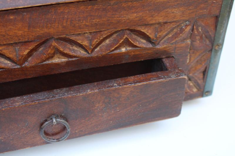vintage travel desk letter box, heavy carved wood w/ iron hardware bohemian decor
