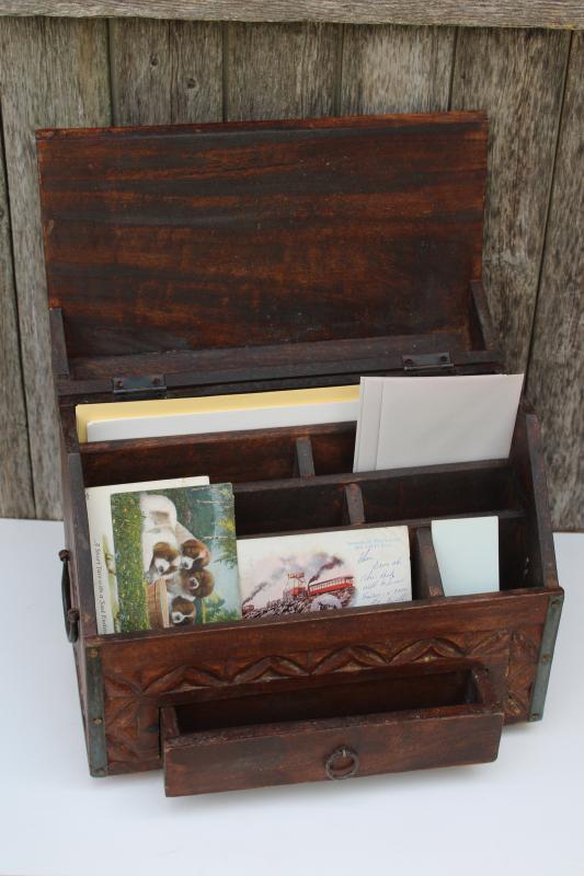 vintage travel desk letter box, heavy carved wood w/ iron hardware bohemian decor