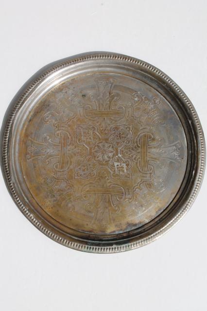 vintage tray or round serving plate, worn antique tin silver wash over solid brass