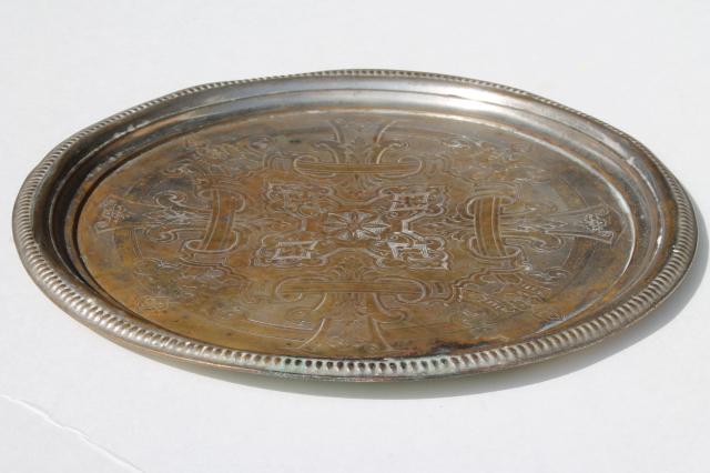 vintage tray or round serving plate, worn antique tin silver wash over solid brass