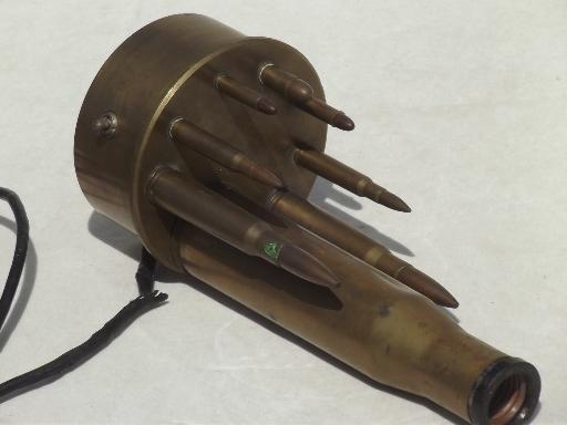 vintage trench art lamp, WWII brass shell casings from artillery & rifles 
