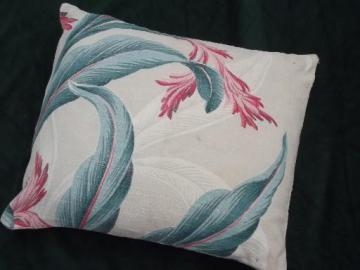 vintage tropical leaves print cotton barkcloth pillow, feather filled