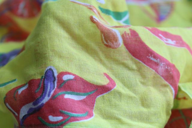 vintage tropical print fabric, sheer light cotton w/ Bali tigers, volcanoes