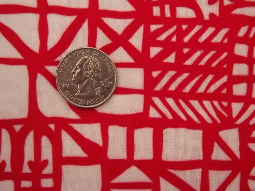 vintage t-shirt knit fabric, poly stretch jersey w/ retro red & white prints